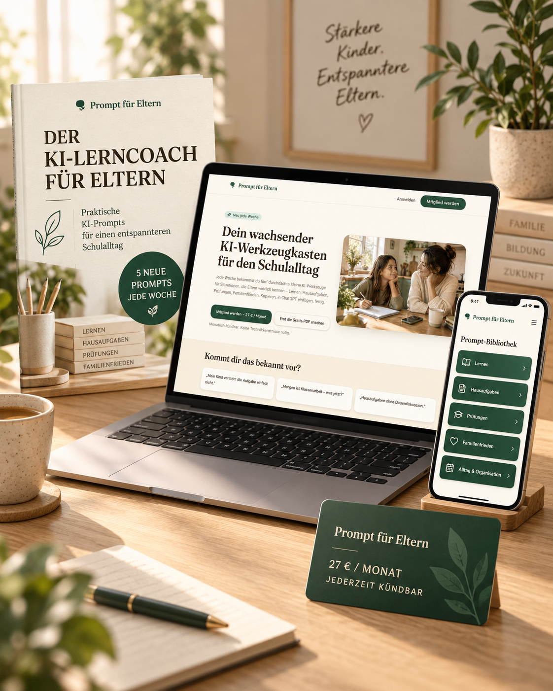 Der KI-Lerncoach für Eltern als Buch, auf dem Laptop und Smartphone – aufgeräumter Schreibtisch mit Kaffee und Notizbuch
